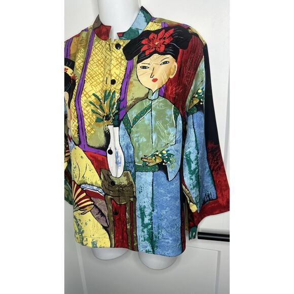 Chico's Silk Blouse Button Up Art To Wear Geisha Whimsical sz 0‎ XS/S - Picture 5 of 7